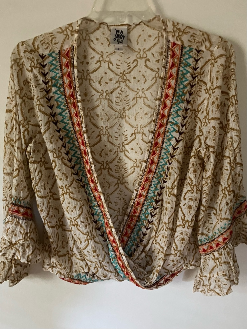 ivy Jane Cream Embroidered  Faux Wrap Blouse with Multicolor Trim